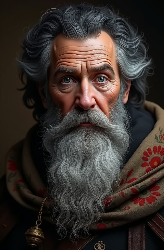  looks like a wize man. has a strong physique; high growth; age 70 years; a high forehead with sophisticated parallel long wrinkles; thick dark hair; thick, disordered beard; large, relaxed eyes; large nose; dressed in an embroidered cloak.broad forehead; wide face; curly gray hair;. hyperrealistic, full body, detailed clothing, highly detailed, cinematic lighting, stunningly beautiful, intricate, sharp focus, f/1. 8, 85mm, (centered image composition), (professionally color graded), ((bright soft diffused light)), volumetric fog, trending on instagram, trending on tumblr, HDR 4K, 8K