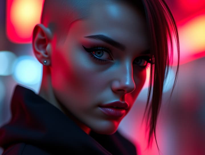  ultra realistic close up portrait ((beautiful pale cyberpunk female with heavy black eyeliner)), blue eyes, shaved side haircut, hyper detail, cinematic lighting, magic neon, dark red city, canon eos r3, nikon, f/1.4, iso 200, 1/160s, 8k, raw, unedited, symmetrical balance, in frame, 8k hyperrealistic, full body, detailed clothing, highly detailed, cinematic lighting, stunningly beautiful, intricate, sharp focus, f/1. 8, 85mm, (centered image composition), (professionally color graded), ((bright soft diffused light)), volumetric fog, trending on instagram, trending on tumblr, HDR 4K, 8K