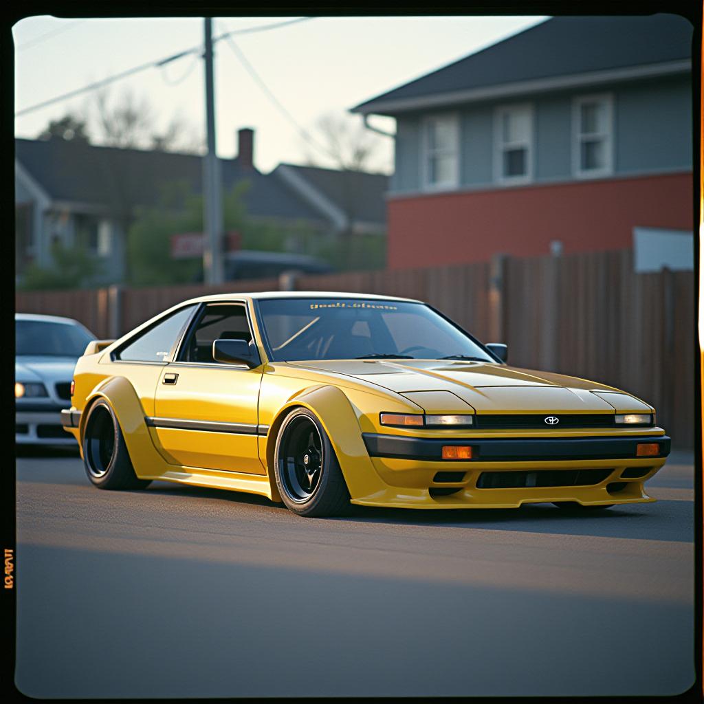  analog film photo 1985 ra65 toyota celica gts coupe, lowered, body kit, wide body, custom, 8k, racecar, front splitter, rear defuser, stanced, realistic, detailed,. faded film, desaturated, 35mm photo, grainy, vignette, vintage, kodachrome, lomography, stained, highly detailed, found footage