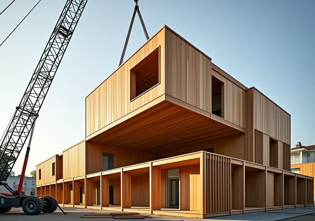  a wooden building module is raised by a crane and placed into the framework. berlin office building under construction. modular wood construction will be used to build the new building.