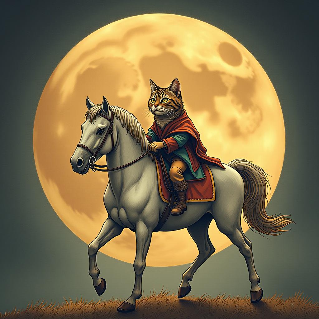  a cat riding a horse, hand drawn, on the moon, studio light, hdr 4k hyperrealistic, full body, detailed clothing, highly detailed, cinematic lighting, stunningly beautiful, intricate, sharp focus, f/1. 8, 85mm, (centered image composition), (professionally color graded), ((bright soft diffused light)), volumetric fog, trending on instagram, trending on tumblr, HDR 4K, 8K