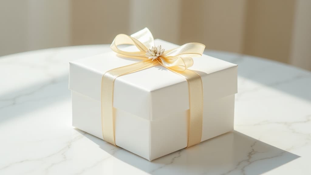  create an image with the following specifications: main subject: description: a beautifully wrapped gift box with a translucent bow, symbolizing a wedding favor. style: elegant and minimalist. setting: location: on a white marble surface, suggesting a wedding reception table. composition: framing: close up shot of the gift box, centered in the frame. style: art movement: contemporary minimalism. technique: high key photography with soft lighting. atmosphere: mood: graceful, appreciative, and memorable. color palette: dominant colors: white, ivory, soft gold. mood: pure, elegant, and timeless. details: foreground: the gift box with a shimmering ribbon and a small, delicate flower attached. background: slightly out of focus, white marb hyperrealistic, full body, detailed clothing, highly detailed, cinematic lighting, stunningly beautiful, intricate, sharp focus, f/1. 8, 85mm, (centered image composition), (professionally color graded), ((bright soft diffused light)), volumetric fog, trending on instagram, trending on tumblr, HDR 4K, 8K