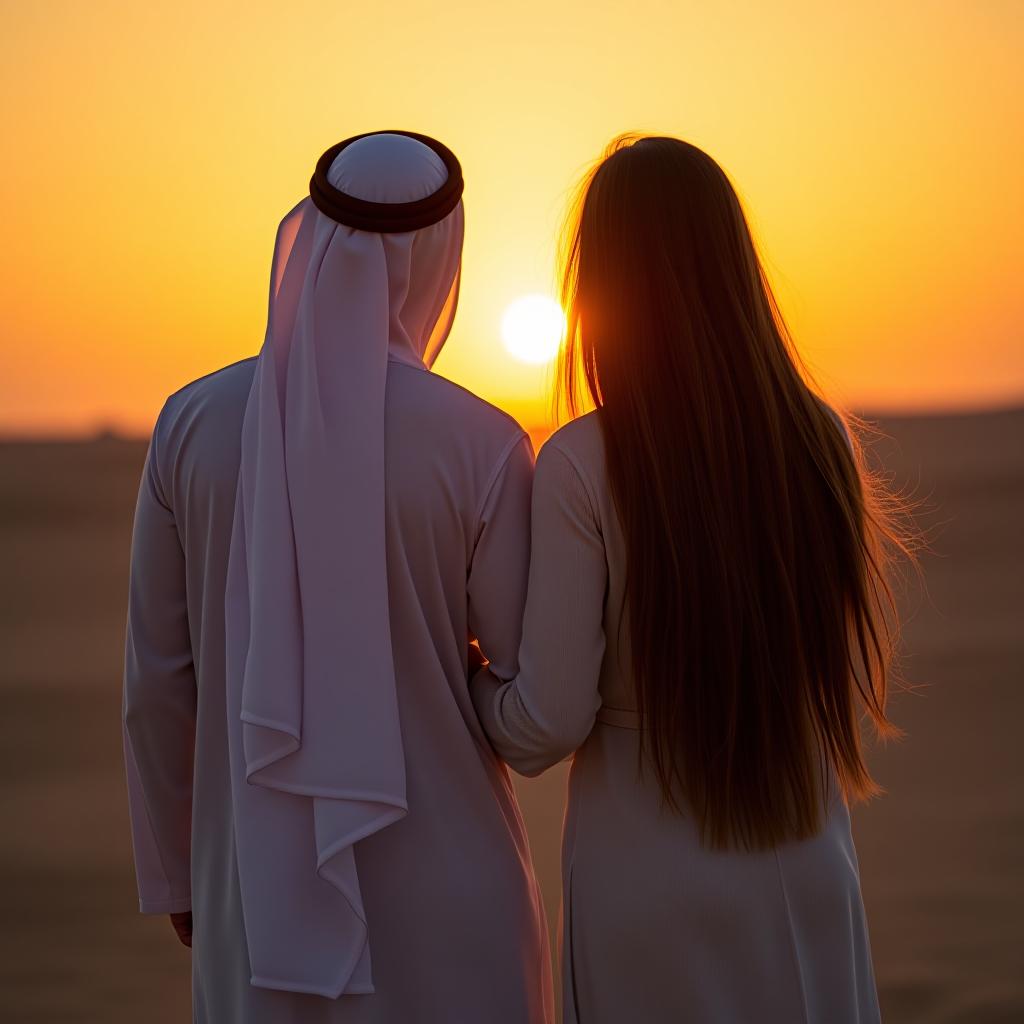  a with long hair stands with her arab husband against the sunset.