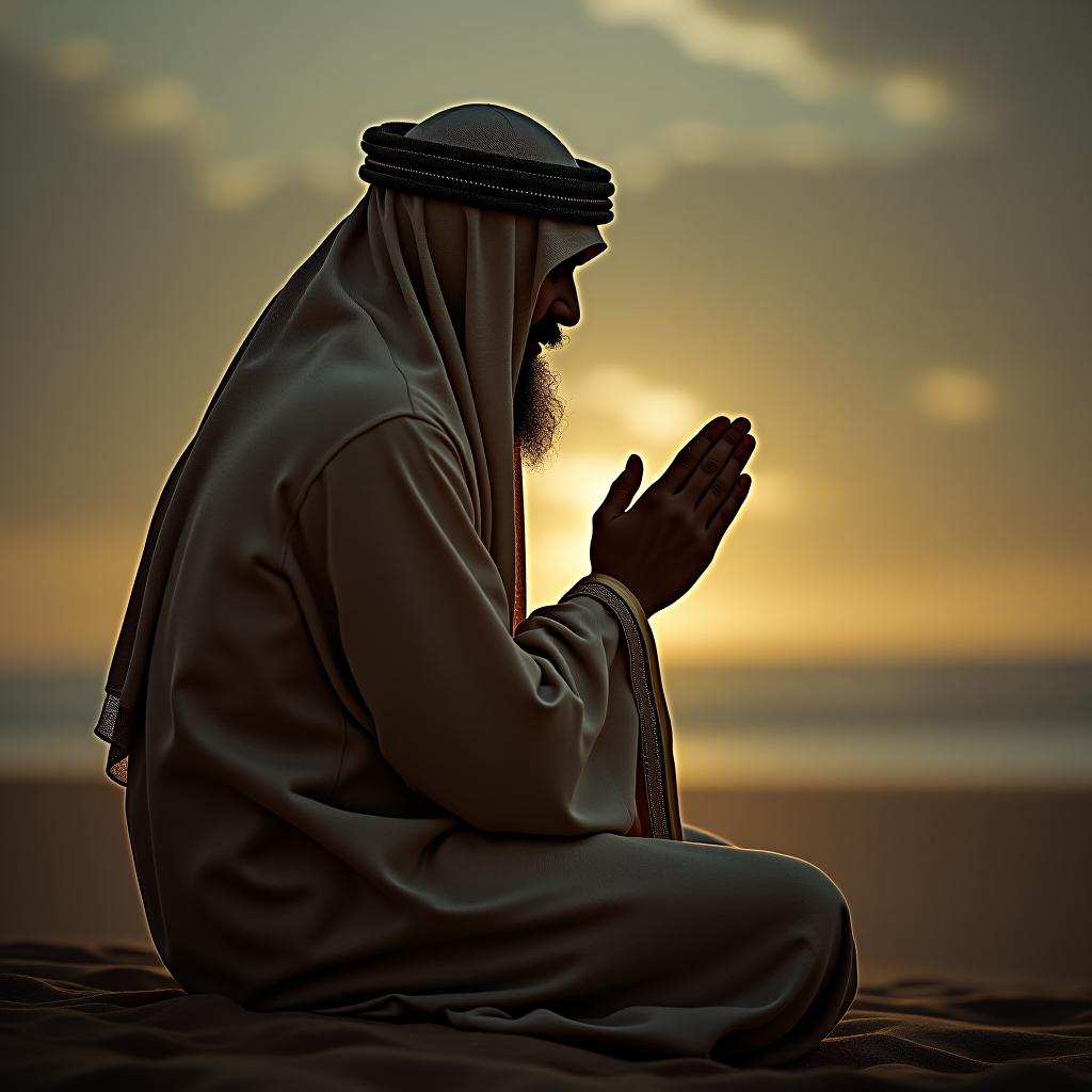  make an image of a man praying to allah dressed in a thobe