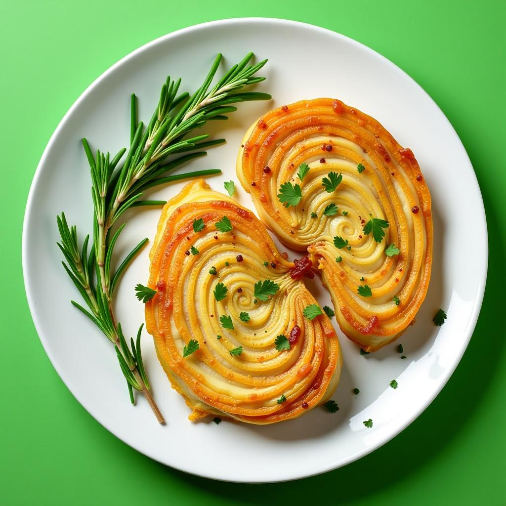  cabbage steaks, fried until golden brown, with aromatic garlic and fresh herbs. the steaks are beautifully laid out on the plate, next to them are sprigs of rosemary and parsley. the bright, green background emphasizes the freshness and appetizing nature of the dish. {prompt}, maximum details