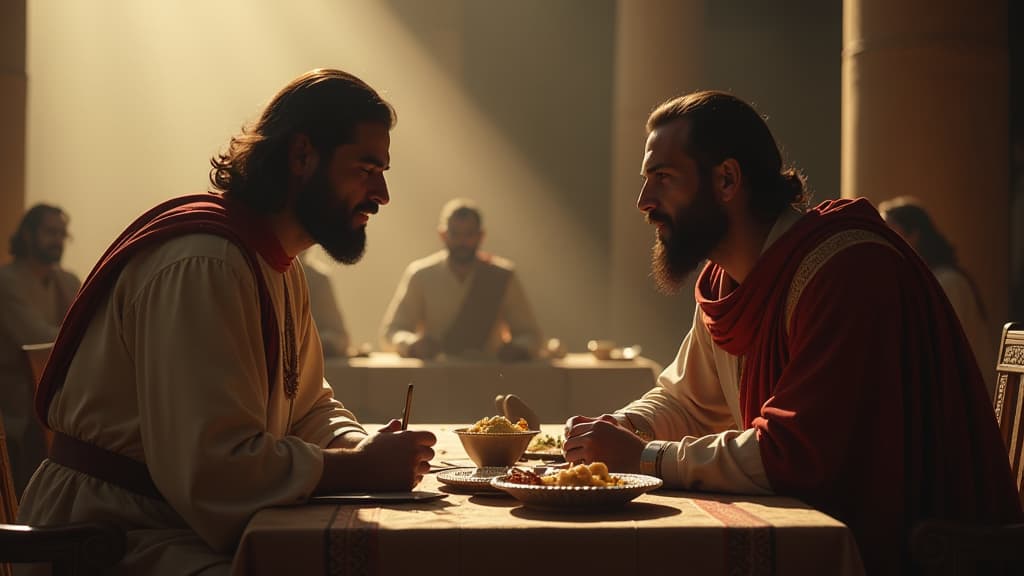  history of biblical times, a tense negotiation scene between daniel and the babylonian steward regarding their diet. hyperrealistic, full body, detailed clothing, highly detailed, cinematic lighting, stunningly beautiful, intricate, sharp focus, f/1. 8, 85mm, (centered image composition), (professionally color graded), ((bright soft diffused light)), volumetric fog, trending on instagram, trending on tumblr, HDR 4K, 8K