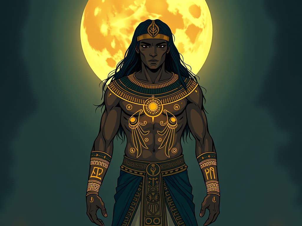  a person enveloped in the full moon's light, ancient script glowing on their skin, path to transformation illuminated. the style is digital art illustration / modern comic book / mysterious occult, symbolic, esoteric vibe,high detail on character design, incorporating ancient egyptian symbology and attire.