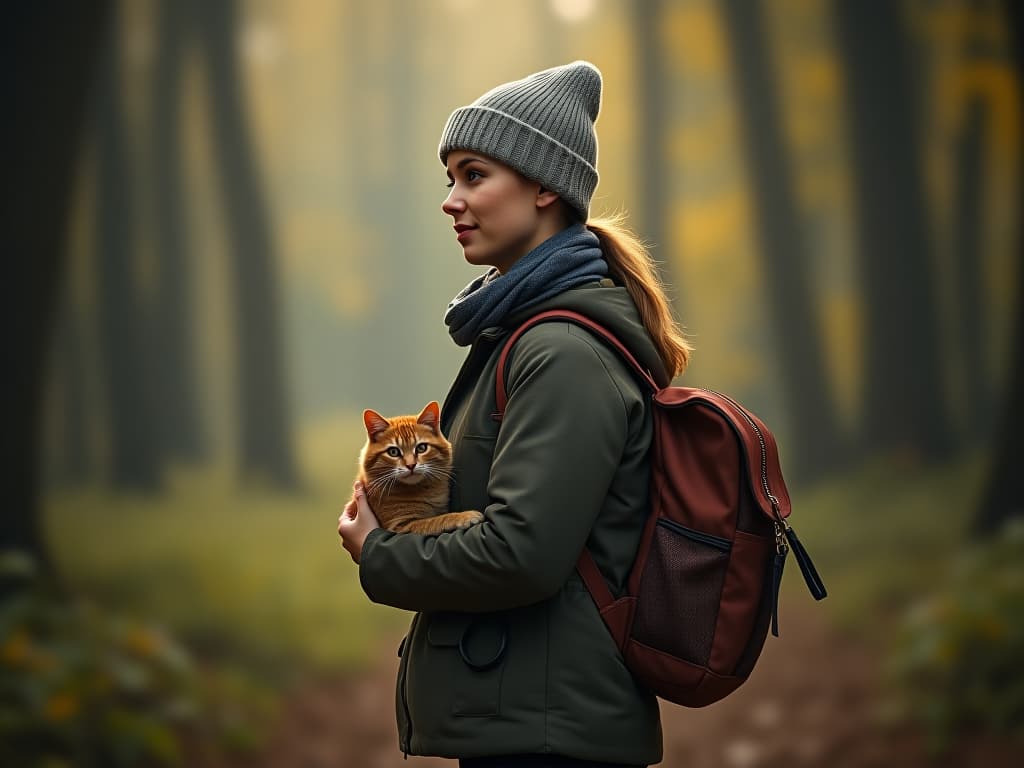  una foto de una mujer en el bosque con un gato en la mochila hyperrealistic, full body, detailed clothing, highly detailed, cinematic lighting, stunningly beautiful, intricate, sharp focus, f/1. 8, 85mm, (centered image composition), (professionally color graded), ((bright soft diffused light)), volumetric fog, trending on instagram, trending on tumblr, HDR 4K, 8K