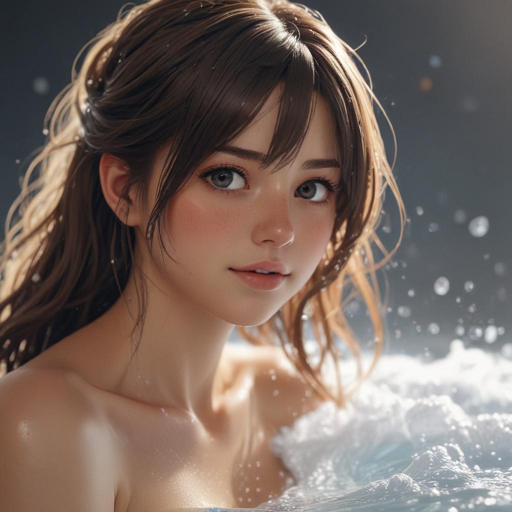 ((masterpiece)),(((best quality))), 8k, high detailed, ultra detailed, a girl bathing in shonen manga style, bubbles, ((long flowing hair)), ((sparkling eyes)), (towel on the side), steam hyperrealistic, full body, detailed clothing, highly detailed, cinematic lighting, stunningly beautiful, intricate, sharp focus, f/1. 8, 85mm, (centered image composition), (professionally color graded), ((bright soft diffused light)), volumetric fog, trending on instagram, trending on tumblr, HDR 4K, 8K