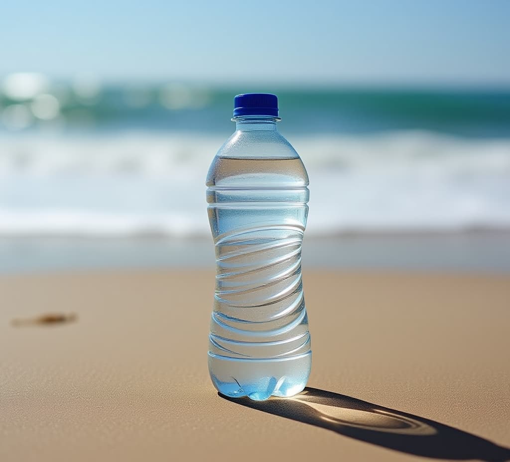  a clear water bottle stands on sandy beach with ocean waves in the background.