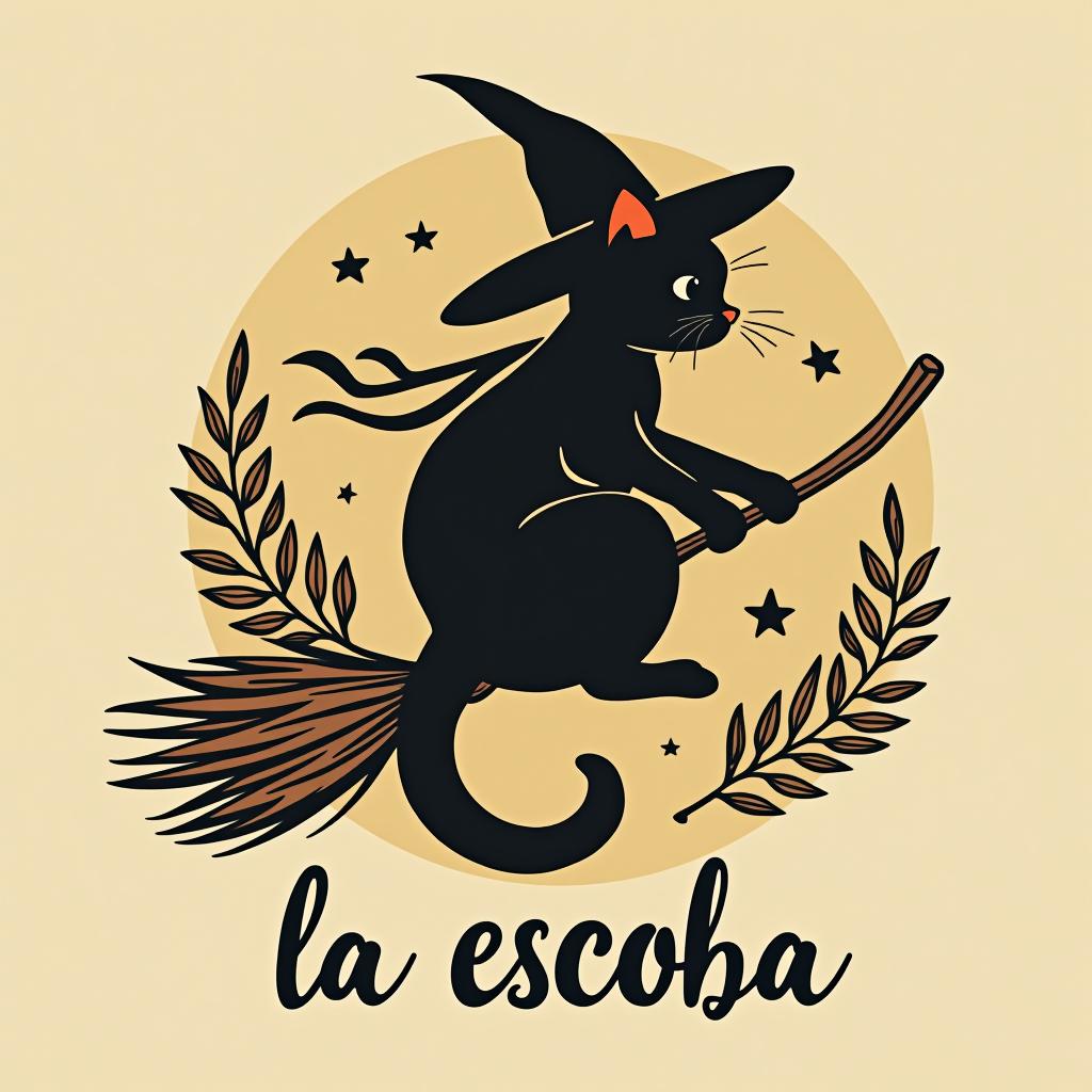  design a logo, witchy, black cat riding on a broom, dried herbs having off broom, cottage core aesthetic , with the text 'la escoba'.