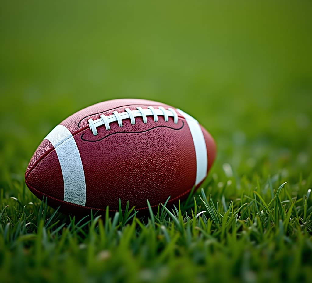  image of an american football placed on the grass. with copy space image. place for adding text or design