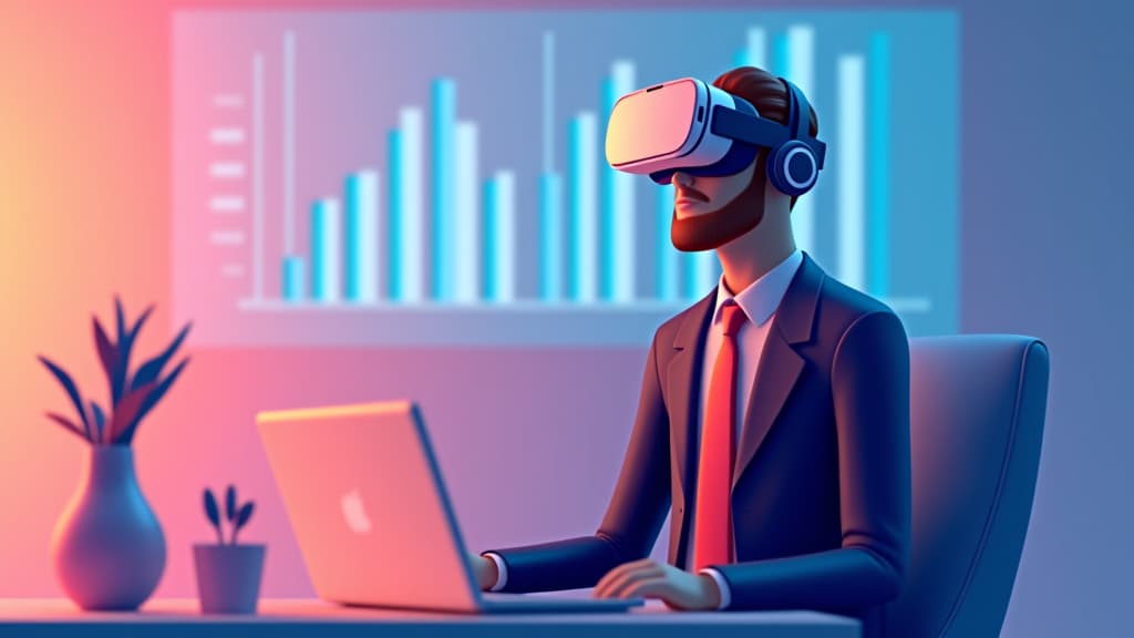  financial consultant using vr for financial planning concept: innovative 2d minimalist vector illustration showing immersive analysis in virtual reality