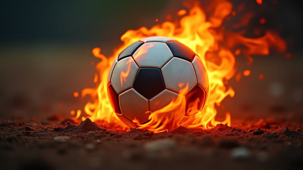  soccer ball surrounded by flames on dirt field