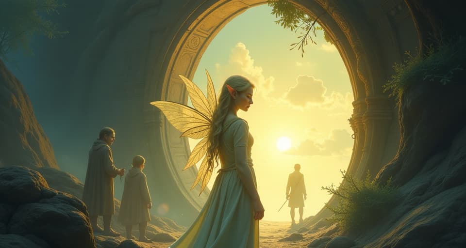  an ethereal elf, radiating calm and wisdom, stands before a mystical portal. shadowy figures in the background, hesitating to step through. the elf's golden eyes reflect understanding, highlighting the courage needed to let go of the need to be liked or understood.. the style is digital art illustration,highly detailed, whimsical,magical, dreamlike atmosphere, realism and fantasy blend, smooth, glossy textures,luminous quality, wonder and enchantment.