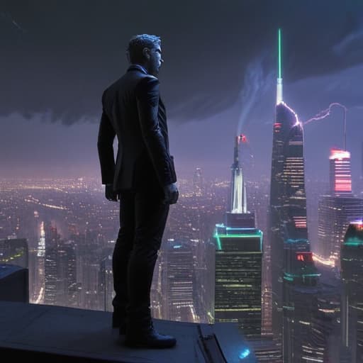 In a futuristic cityscape filled with neon lights and towering skyscrapers, a mysterious figure known as Jack Mack Flack stands on the edge of a rooftop. Dressed in a sleek black and silver suit, he holds a glowing wind orb in one hand, channeling the power of the wind around him. His eyes glow with determination as he prepares to unleash a powerful windstorm upon the city below. The air crackles with energy as swirling gusts of wind dance around him, creating a mesmerizing and dynamic display of power and control. The scene is bathed in shades of cool blues and greens, giving it a futuristic and otherworldly feel. fantastical creatures or characters inspired by mythology, folklore, or popular culture. use vibrant colors, sharp lines, intri