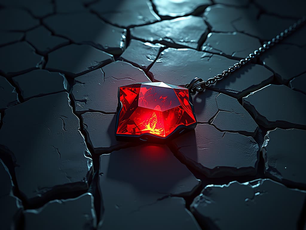  red crystal pendant, cracked, lying on cracked ground, moonlight casting long shadows, aura of moral compromise. the style is digital art illustration / modern comic book / graphic dark novel fantasy and mysterious occult, symbolic, moody lighting, esoteric vibe,high detail on character design. for the color scheme emphasize blacks and reds.