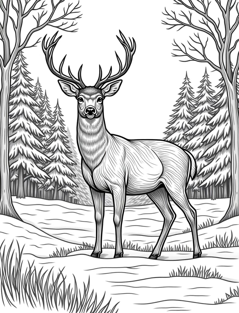  this is for an adult coloring page. a detailed black and white line art of a snowy deer standing in the snow near a forest edge on a solid white background.