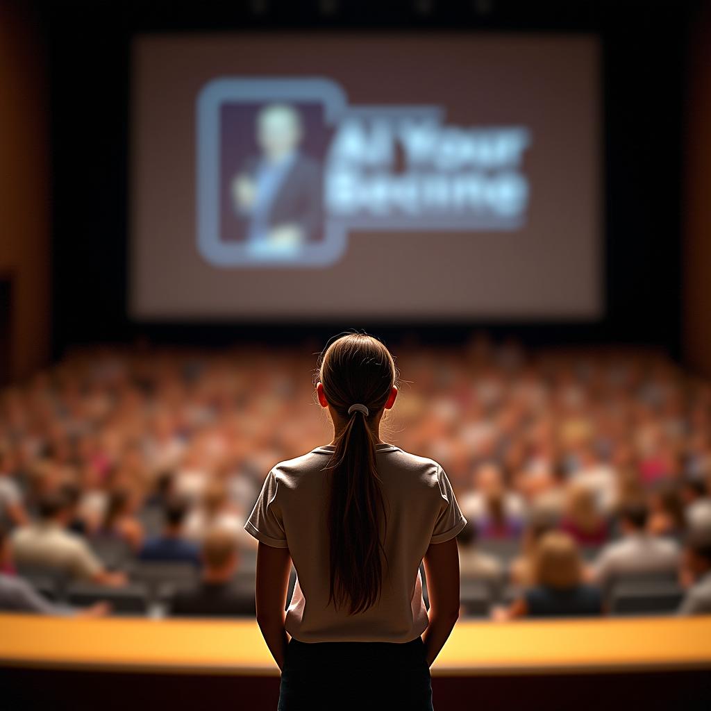  a brunette girl is giving a lecture on stage in front of a full auditorium and is standing with her back to the camera.