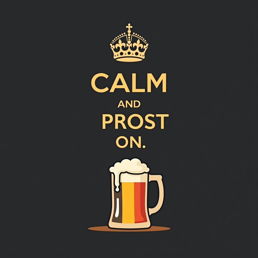  minimalist design with 'keep calm and prost on.' above a small beer stein icon, subtly woven with bavarian flag patterns.