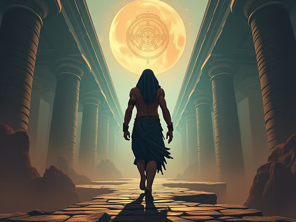  a grand cosmic scene, layers of dimensions, a large busted pilgrim in tight attire, moving between worlds, bridging the gap between realms, atmosphere of limitless potential. the style is digital art illustration / modern comic book / mysterious occult, symbolic, esoteric vibe,high detail on character design, incorporating ancient egyptian symbology and attire.