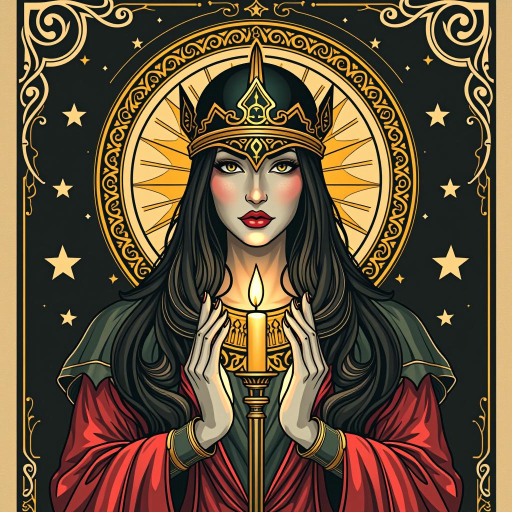  art deco style warrior guesses on tarot face, stars, candles, mystery, magic . geometric shapes, bold colors, luxurious, elegant, decorative, symmetrical, ornate, detailed