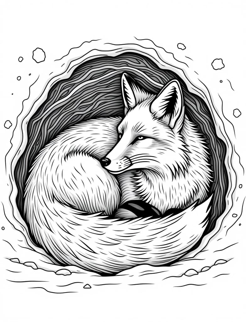  this is for an adult coloring page. a detailed black and white line art of a snowy fox curled up in a snowy den on a solid white background.