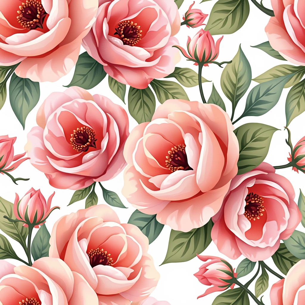  create a seamless digital design featuring a pattern of large, beautiful flowers with soft, watercolor like effects. the flowers should cover the entire surface, creating a bold, elegant, and continuous look. the overall style should be light and airy, with delicate leaves and petals to enhance the natural, floral theme. the design should be seamless to ensure it can be used in repeating patterns or wraps.