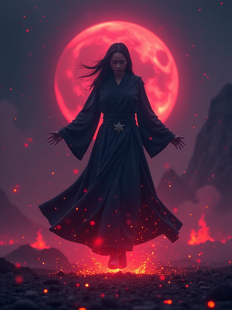  dark female monk floating over the ritual, dark backgound, cinematic light, fire in the background that changes color from red to violet, high detail, rim light, 4k, cinema 4d, occult, high priest, dark art, particles in the air, depth of field, full body,