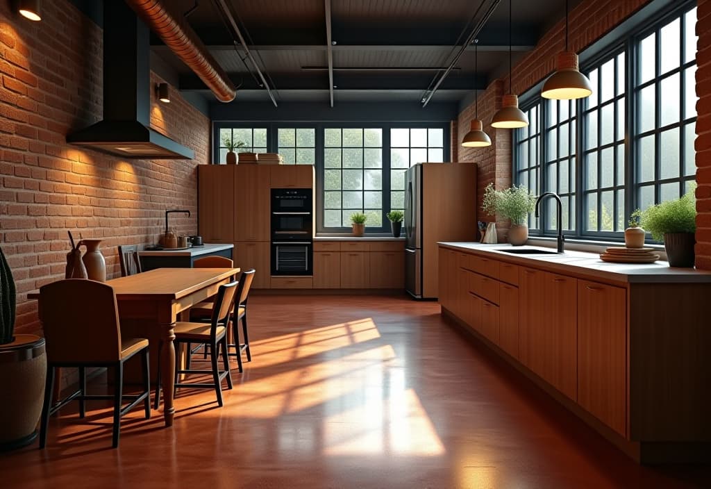  a landscape photo of an industrial style kitchen with polished epoxy flooring in a metallic copper finish, featuring exposed brick walls and pendant lights, viewed from the entrance hyperrealistic, full body, detailed clothing, highly detailed, cinematic lighting, stunningly beautiful, intricate, sharp focus, f/1. 8, 85mm, (centered image composition), (professionally color graded), ((bright soft diffused light)), volumetric fog, trending on instagram, trending on tumblr, HDR 4K, 8K