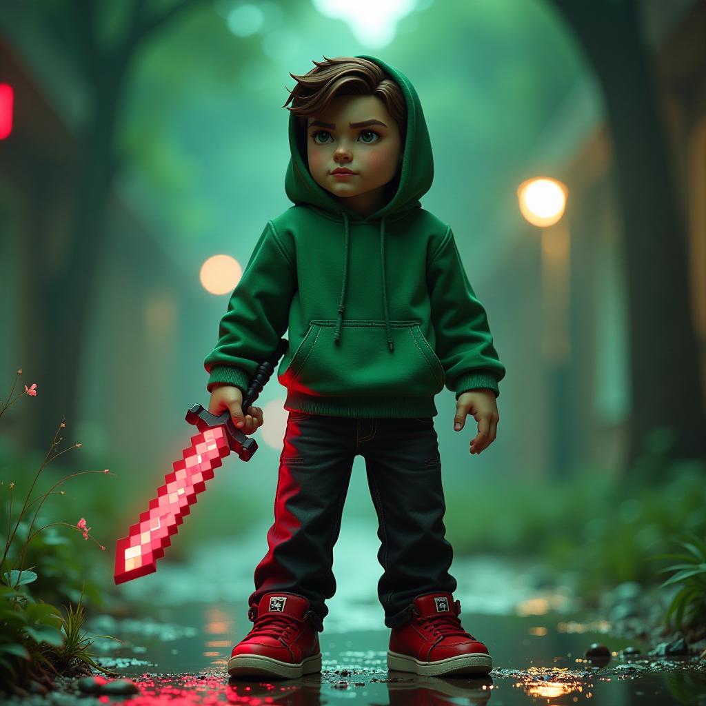  cinematic photo realistic , is dressed in a green hoodie and black pants. his feet are covered with red sneakers. he wears gles. in his right hand, he has a diamond sword from minecraft, and in his left, he holds a laser pistol. the looks tense. На фоне изображены различные игровые миры . 35mm photograph, film, bokeh, professional, 4k, highly detailed