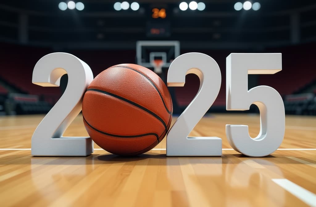  the numbers "2025" are white, instead of the number 0 there is a basketball, the numbers are on a wooden floor against the background of a basketball stadium {prompt}, maximum details