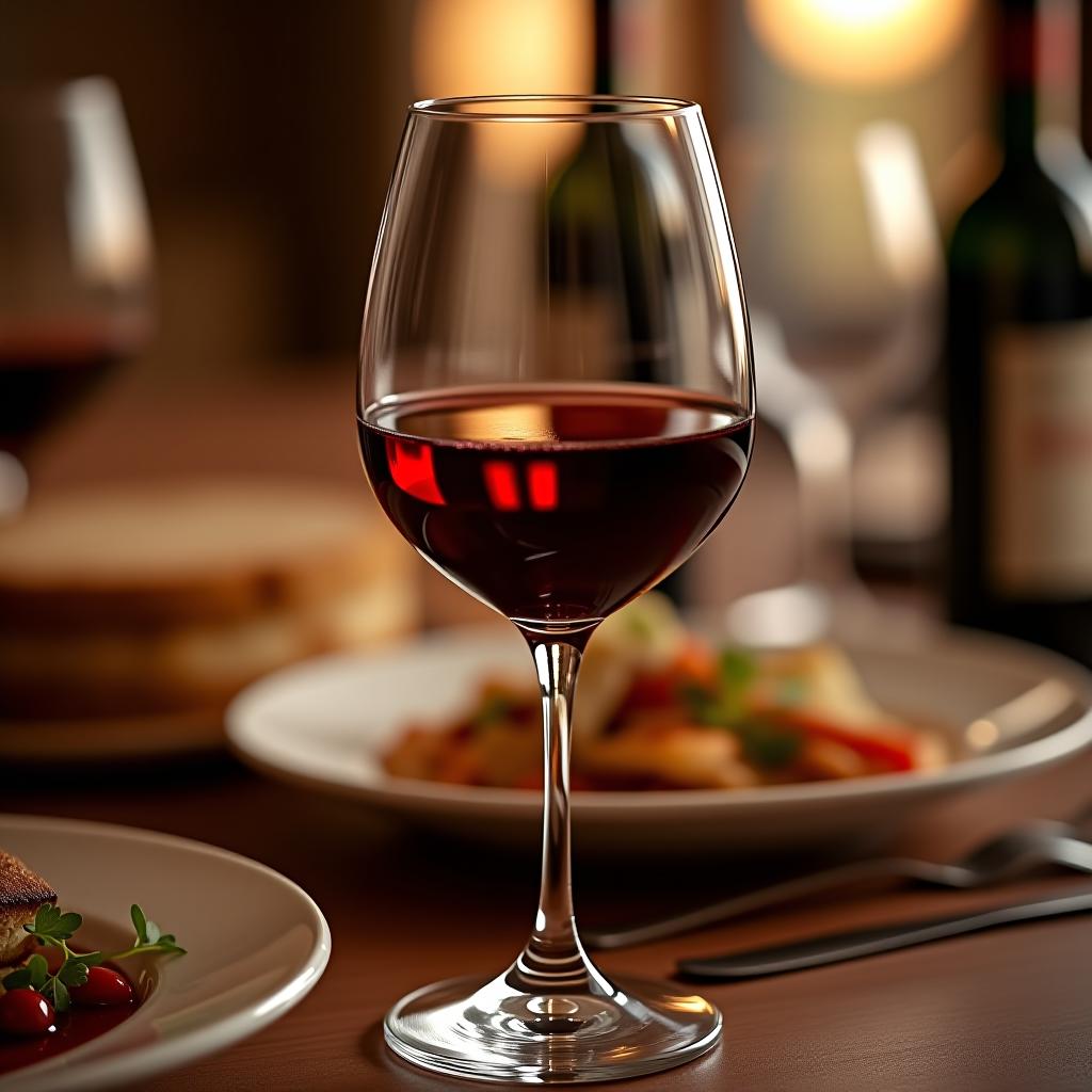  an exquisite glass of red wine against the backdrop of an elegant dinner.