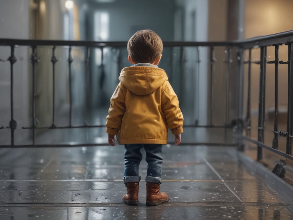 ultra realistic ((ultra realistic ((a child holding onto a railing while walking carefully on a slippery floor)))) hyperrealistic, full body, detailed clothing, highly detailed, cinematic lighting, stunningly beautiful, intricate, sharp focus, f/1. 8, 85mm, (centered image composition), (professionally color graded), ((bright soft diffused light)), volumetric fog, trending on instagram, trending on tumblr, HDR 4K, 8K