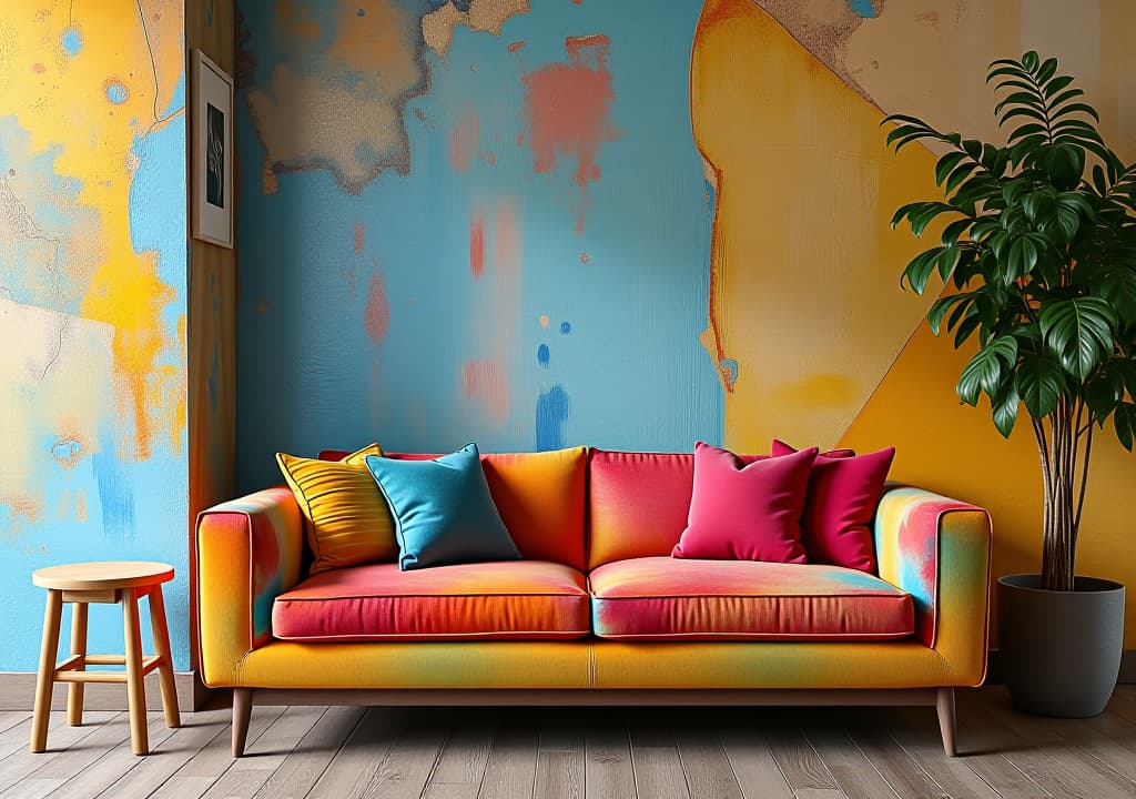  a colorful couch is sitting in front of a colorful wall