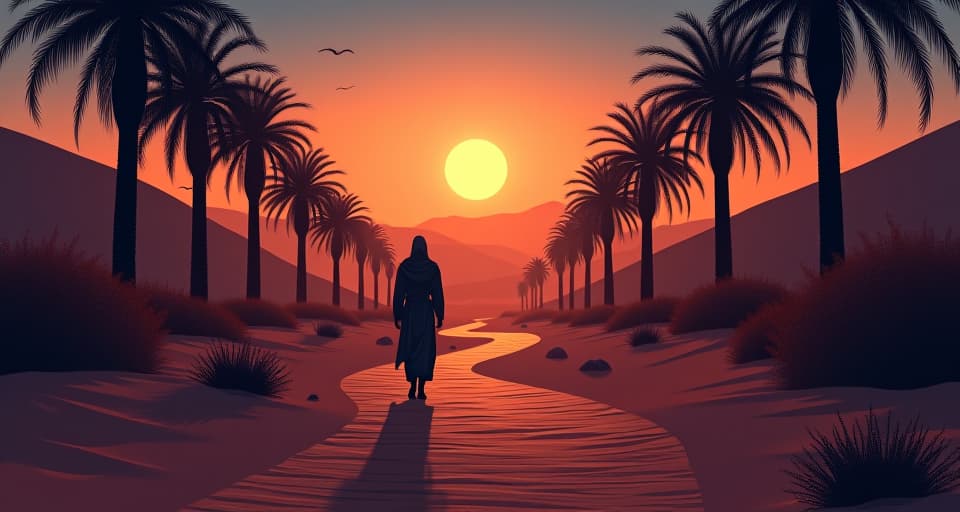  a winding, ancient path through a desert, illuminated by the soft glow of twilight, palm trees lining the sides, emanating an aura of mystery and solitude.. the style is digital art illustration / modern comic book / mysterious occult, symbolic, esoteric vibe,high detail on character design, incorporating ancient egyptian symbology and attire.