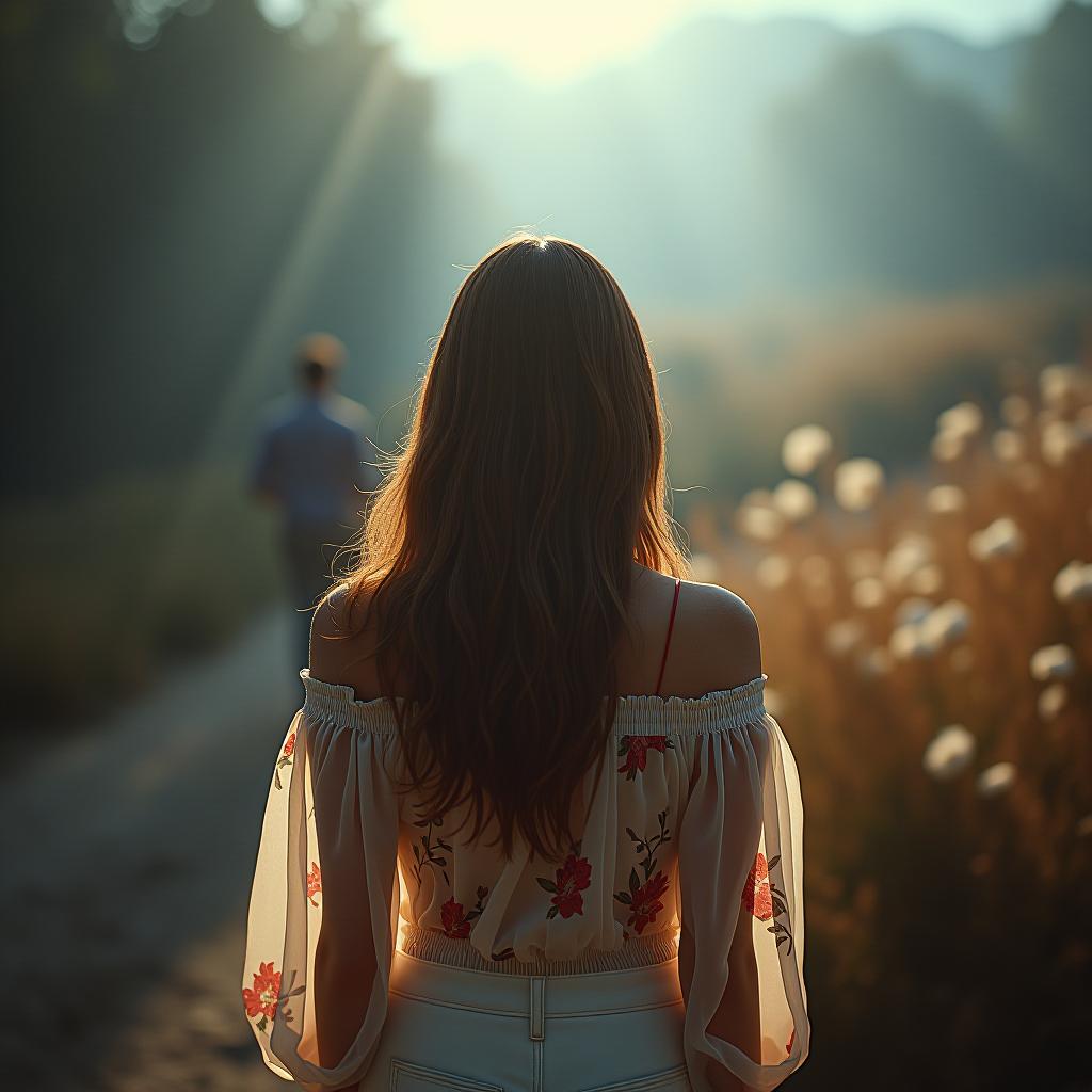  fashion editorial style the girl walks out of a girl's back in a distant way. guy's standing in front of one sad with flowers . high fashion, trendy, stylish, editorial, magazine style, professional, highly detailed hyperrealistic, full body, detailed clothing, highly detailed, cinematic lighting, stunningly beautiful, intricate, sharp focus, f/1. 8, 85mm, (centered image composition), (professionally color graded), ((bright soft diffused light)), volumetric fog, trending on instagram, trending on tumblr, HDR 4K, 8K