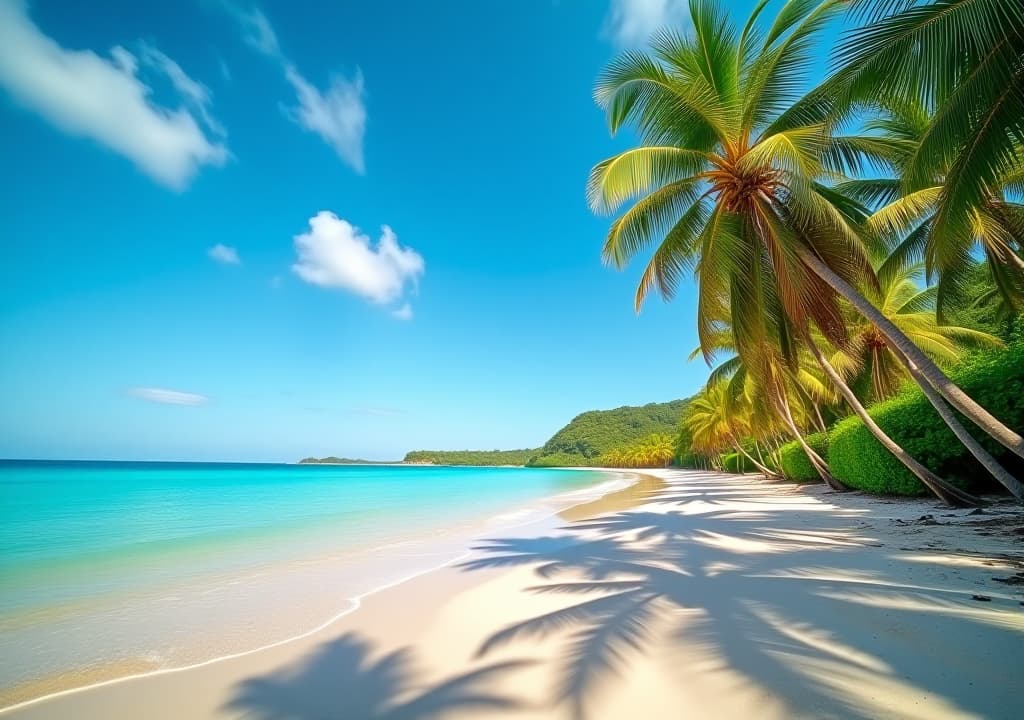  tropical beach with palm trees and blue sky