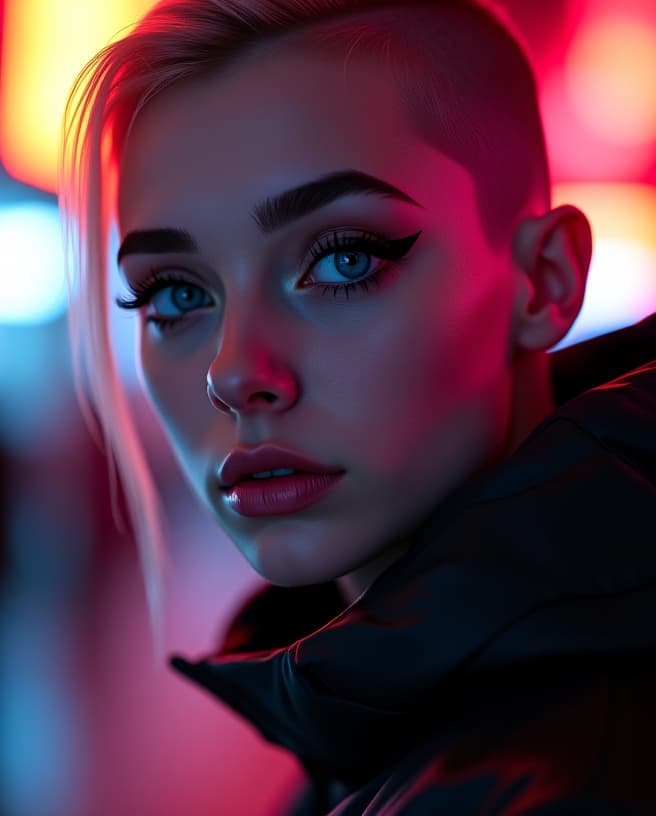  ultra realistic close up portrait ((beautiful pale cyberpunk female with heavy black eyeliner)), blue eyes, shaved side haircut, hyper detail, cinematic lighting, magic neon, dark red city, canon eos r3, nikon, f/1.4, iso 200, 1/160s, 8k, raw, unedited, symmetrical balance, in frame, 8k hyperrealistic, full body, detailed clothing, highly detailed, cinematic lighting, stunningly beautiful, intricate, sharp focus, f/1. 8, 85mm, (centered image composition), (professionally color graded), ((bright soft diffused light)), volumetric fog, trending on instagram, trending on tumblr, HDR 4K, 8K