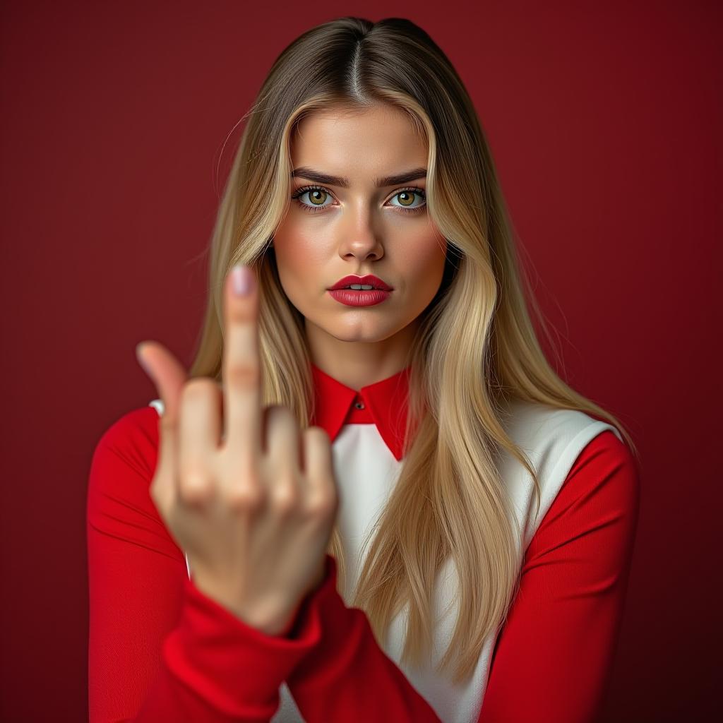  make an image of a woman with long blonde hair and brown eyes and red lipstick wearing red and white crossing their arms holding up the middle finger with a face of disappointment