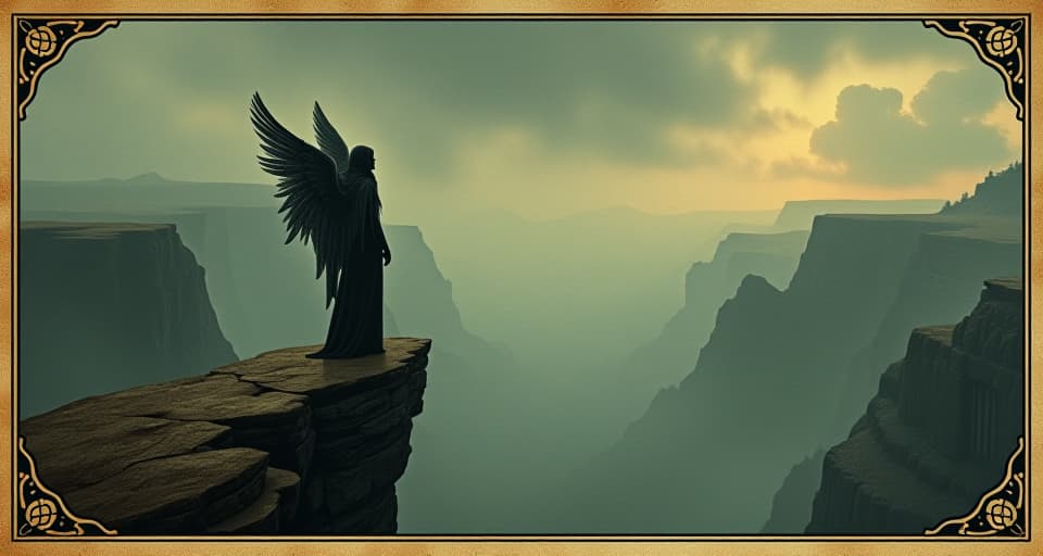  image of figure with ethereal wings, standing on the edge of a cliff, looking over a vast, mysterious landscape, otherworldly, limitless perception. an illustration in the style of a worn, mystical old tarot trump card, mysterious and elements of surrealism. the colors are muted, somber and eerie, but with contrast bring out an occult and esoteric vibe.