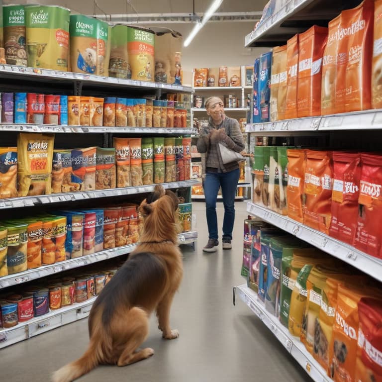 Imagine a bustling pet store aisle filled with rows of colorful bags and cans of pet food. In the foreground, a concerned pet owner is inspecting the labels on various products, a look of confusion on their face. The shelves are neatly organized, with price tags and promotional banners highlighting different brands. In the background, a knowledgeable pet nutritionist is explaining the intricacies of pet food quality to a group of attentive customers. The scene is vibrant and detailed, capturing the essence of the pet food industry and the misconceptions that surround it.