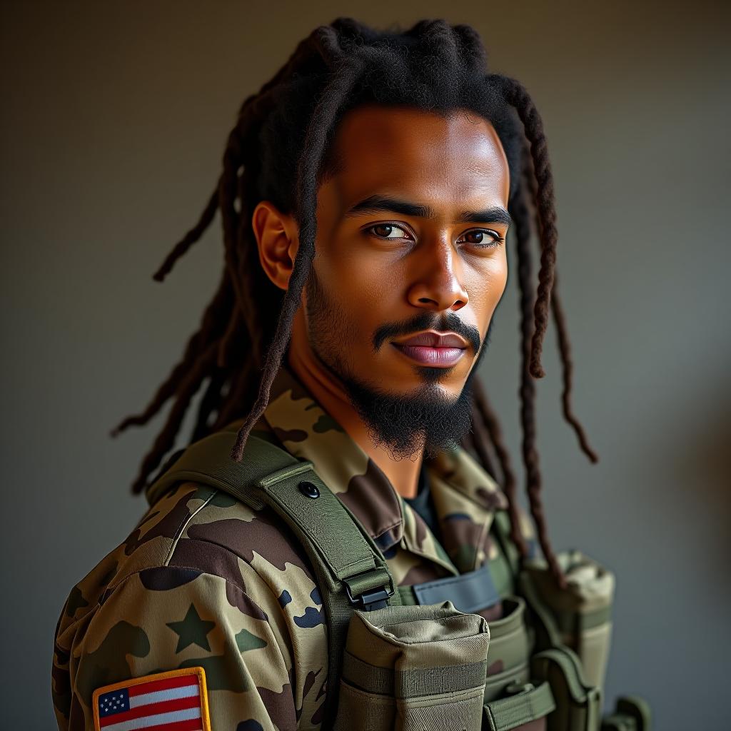  make an image of a man who is tan with dreadlocks wearing u.s. army attire