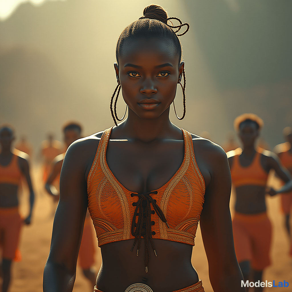  create a picture of a <competion>, in the center is a beautiful, young, athletic <woman> of <afrikan> descent. in the background you can see other <spectators> of different genders and origins in a <pitch>. hyperrealistic, full body, detailed clothing, highly detailed, cinematic lighting, stunningly beautiful, intricate, sharp focus, f/1. 8, 85mm, (centered image composition), (professionally color graded), ((bright soft diffused light)), volumetric fog, trending on instagram, trending on tumblr, HDR 4K, 8K