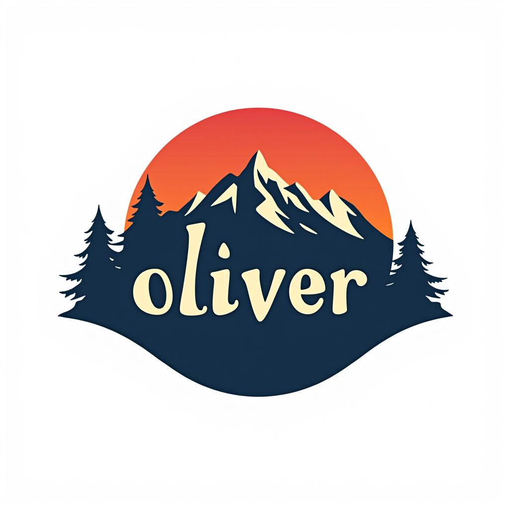  design a logo, custom sticker design on an isolated white background with the bold words ‘oliver’ with a backdrop of a mountain range, and silhouettes of pine trees at sunset