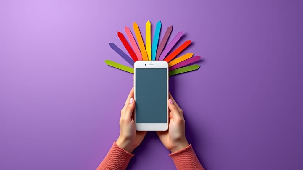  hands holding a smartphone with colorful ribbons bursting out on a purple background.