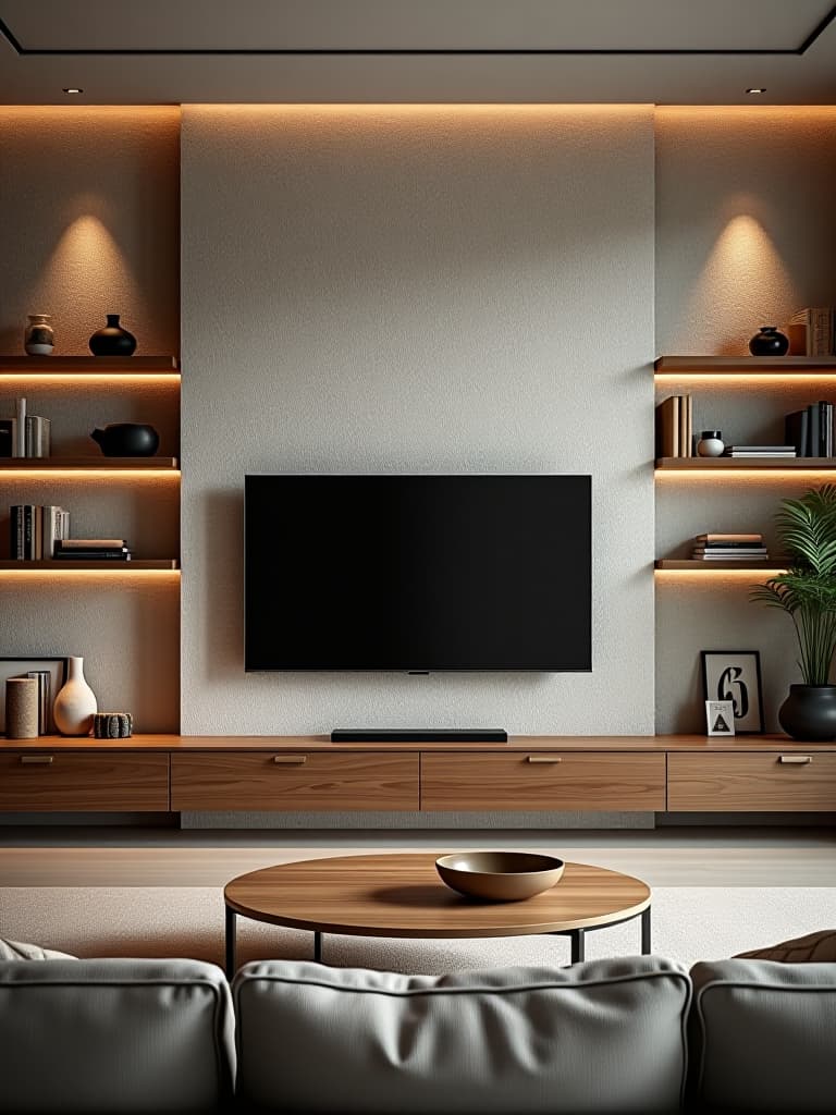  high quality portrait photo of an open concept living room with a sleek flat screen tv mounted on a textured stone wall, flanked by floating wooden shelves displaying modern and rustic decor items hyperrealistic, full body, detailed clothing, highly detailed, cinematic lighting, stunningly beautiful, intricate, sharp focus, f/1. 8, 85mm, (centered image composition), (professionally color graded), ((bright soft diffused light)), volumetric fog, trending on instagram, trending on tumblr, HDR 4K, 8K