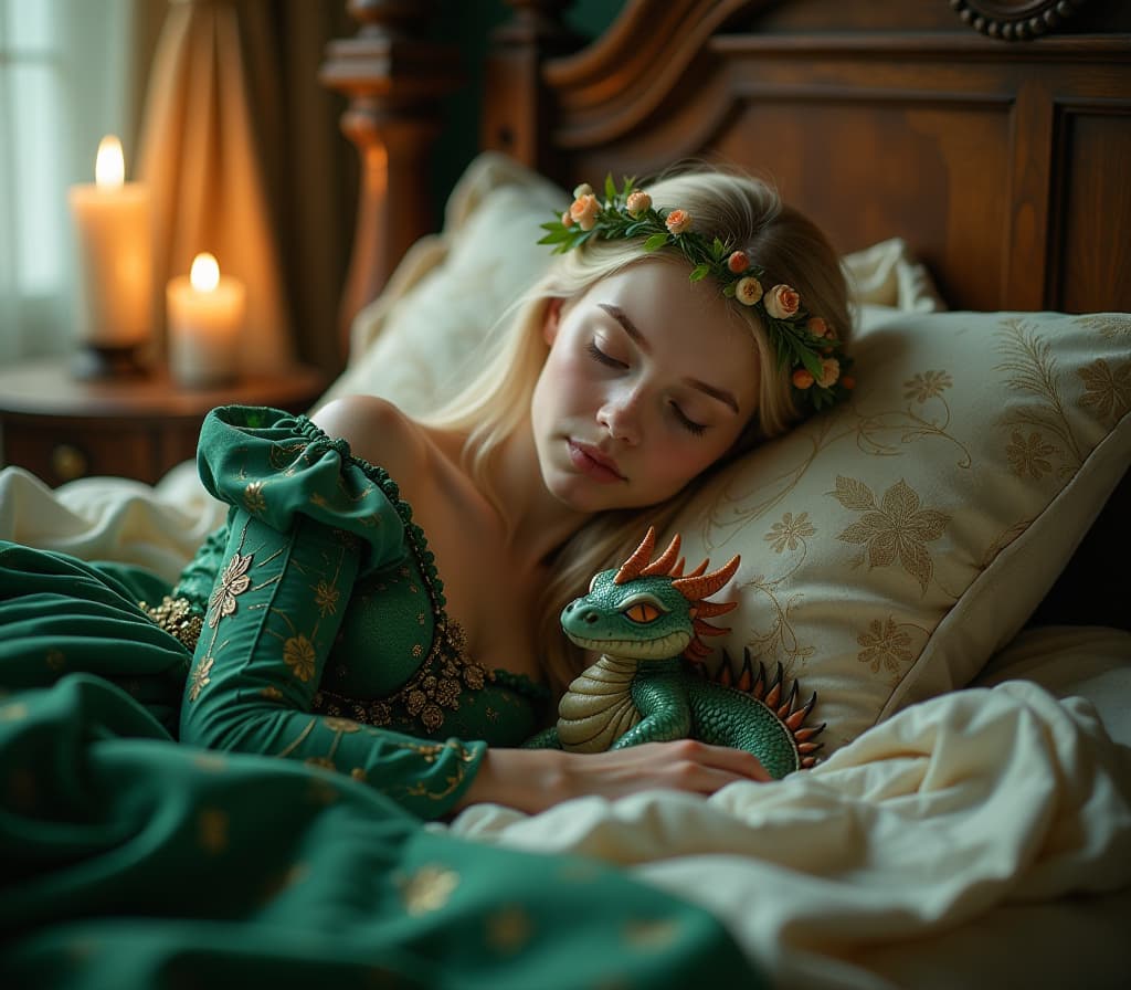  cinematic photo (fantasy, ink painting:1.2) a is asleep on a cozy bed, wearing an intricate medieval style gown in emerald green. a floral crown rests on her blonde, flowing hair. she’s cuddled up next to a small, dragon like creature that lies beside her on the pillow. the dragon has spiky, colorful scales and an intricate, mystical design. the setting is warm and magical, with soft lighting from nearby candles casting a gentle glow across the room, enhancing the whimsical and serene atmosphere. the details of the room, including ornate wooden decorations and plush bedding, contribute to the overall fairy tale aesthetic. . 35mm photograph, film, bokeh, professional, 4k, highly detailed