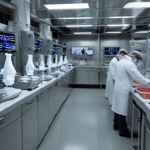 A futuristic lab filled with stainless steel machinery, glowing screens displaying complex data, and tubes transporting bubbling liquids. The air is thick with the scent of chemicals and the hum of machinery fills the room as scientists in white lab coats move with purpose, their hands carefully manipulating samples of synthetic meat. The room is a symphony of innovation and precision, a glimpse into the cutting-edge world of synthetic meat production.