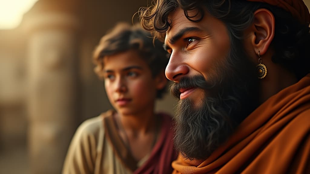  history of biblical times, a heartfelt family portrait of young ishmael, smiling, while abraham contemplates the promises made by god with a cautious expression. hyperrealistic, full body, detailed clothing, highly detailed, cinematic lighting, stunningly beautiful, intricate, sharp focus, f/1. 8, 85mm, (centered image composition), (professionally color graded), ((bright soft diffused light)), volumetric fog, trending on instagram, trending on tumblr, HDR 4K, 8K